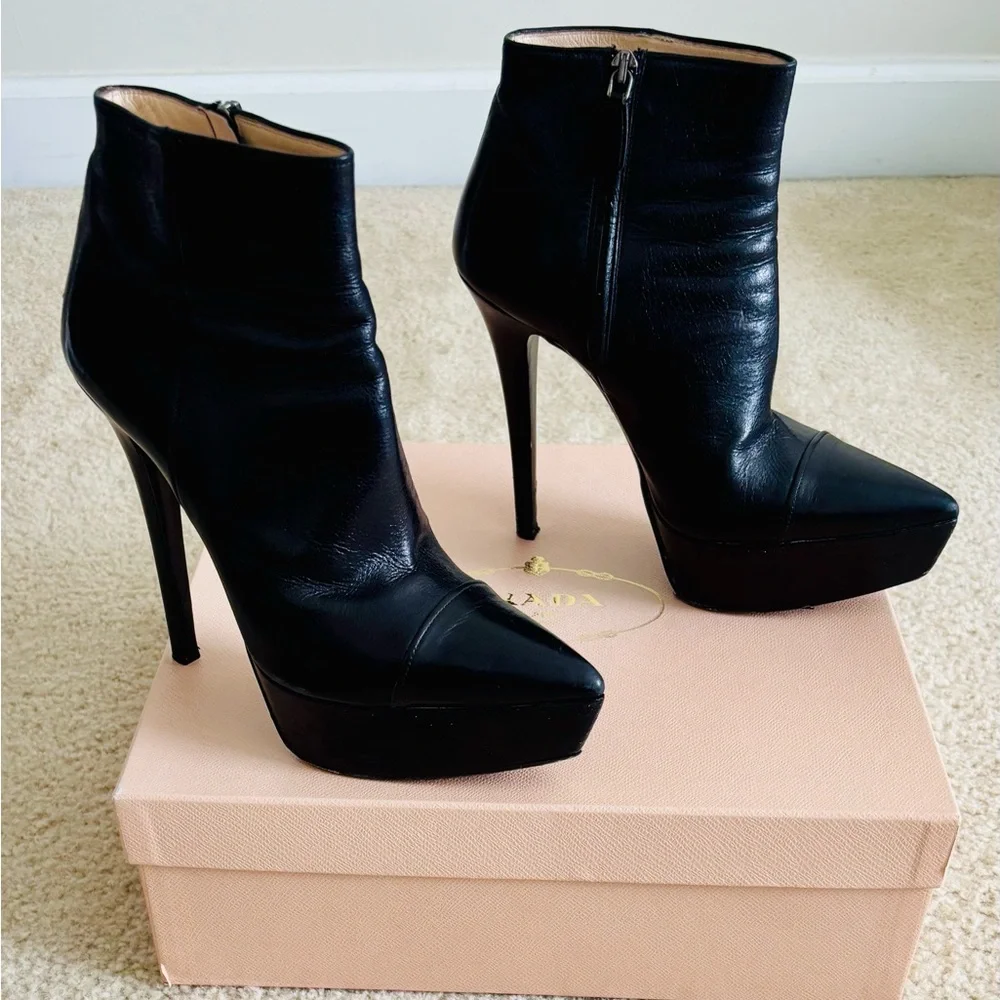 Prada Black Leather Platform Boots - Picture 1 of 6